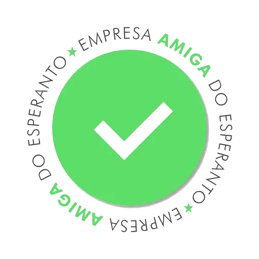 Logomarca de "Empresa Amiga do Esperanto". Círculo verde com símbolo de verificado. Ao redor do círculo lê-se "Empresa Amiga do Esperanto", repetido duas vezes com a palavra "Amiga" destacada em verde. Entre as repetições, uma estrela verde.